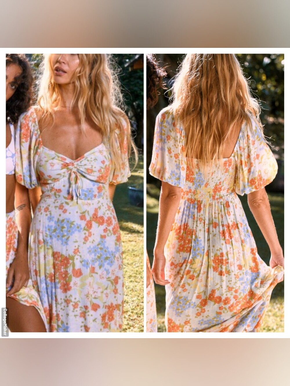 Billabong Floral Tie-Front Midi Dress in Cream, Coral, and Light Blue